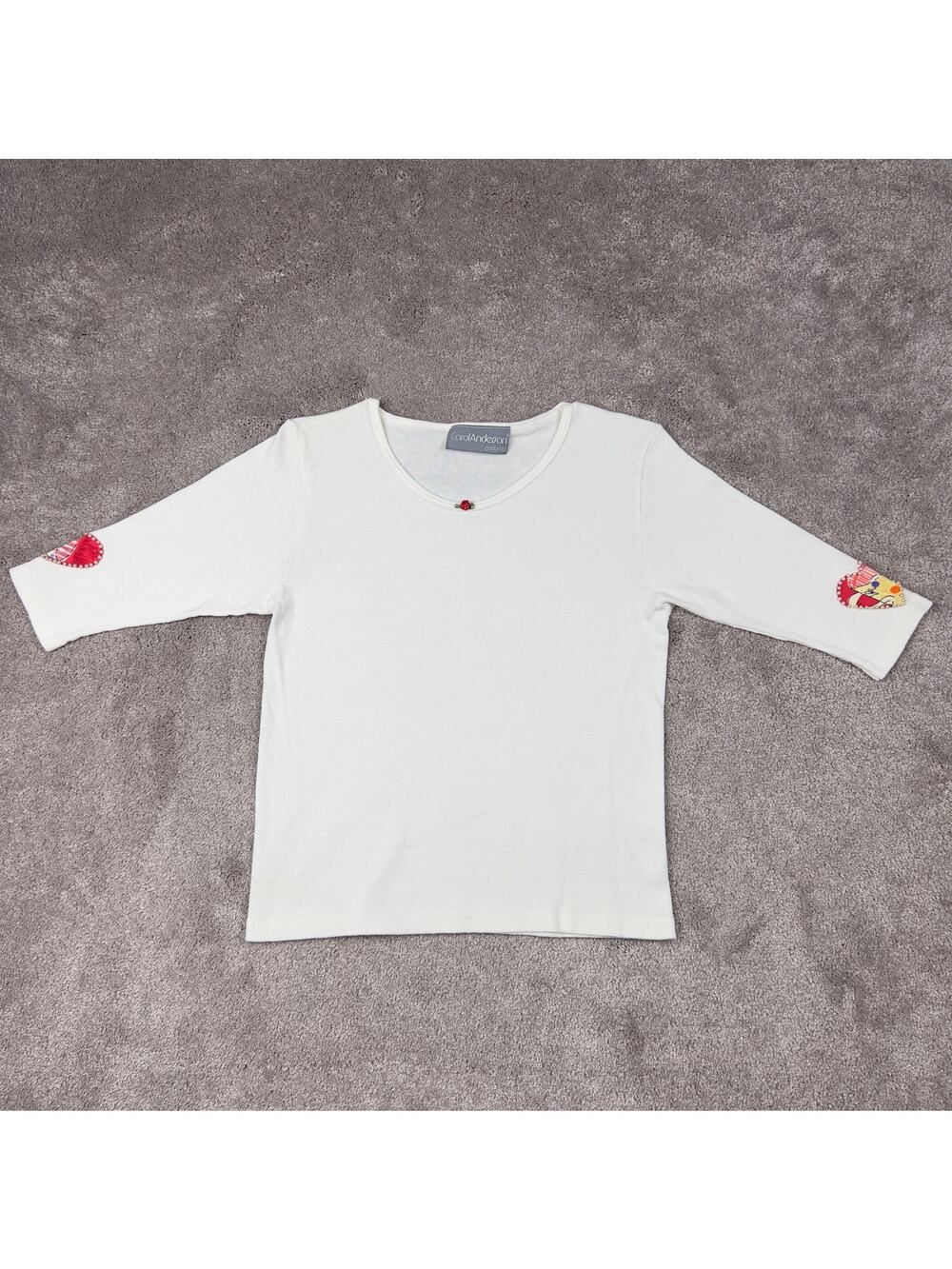 Carol Anderson California Size S White 3/4 Sleeve Top Rose Patchwork Heart USA